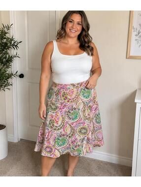 Avenue Paisley Print Midi Skirt Plus Size 20 Pink Green Boho Cottagecore Vintage
